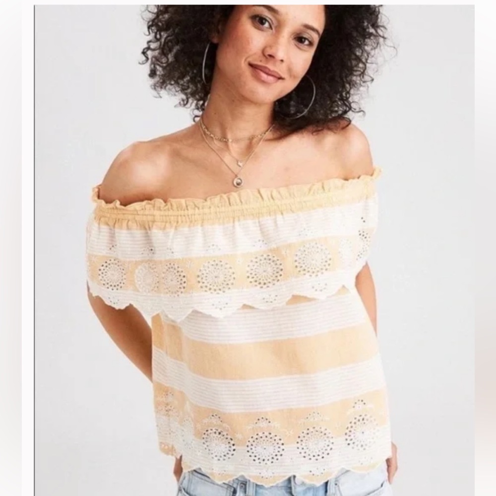 American Eagle Off Cold Shoulder Boho Ruffle Baby Doll Top Shirt Size Small